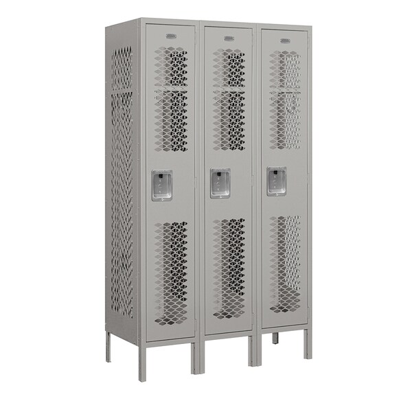 1 Tier Vented Locker, 36"Wx66"Hx15"D, 3 Door, Gray, Unassembled